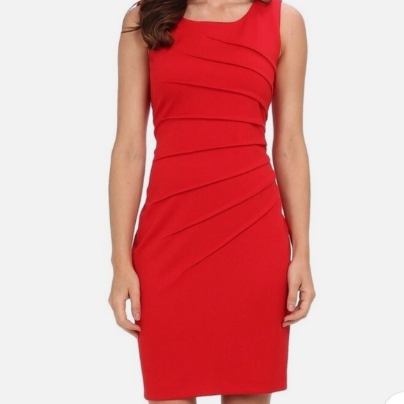 Calvin Klein Sheath Dress Red Sunburst Pleat Fully Lined Career Womens 8
